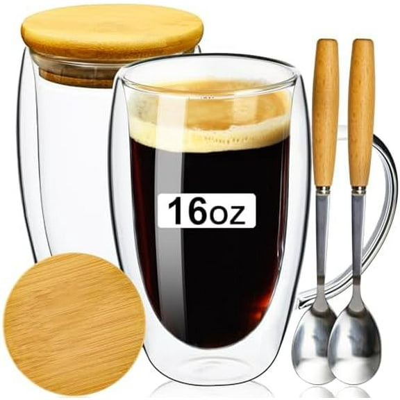Double Wall Glass Coffee Mugs 16OZ with Bamboo Lid/Spoon, Glass Coffee Cups Set of 2 with Handle, Insulated Clear Coffee Mug, Perfect for Latte, Cappuccino, Espresso, Hot Beverage, Tea