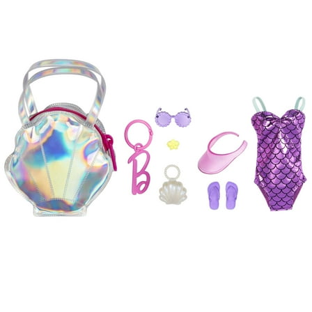 Barbie Clothes, Deluxe Clip-on Beach Bag with Swimsuit and 5 Themed Accessories for Barbie Dolls