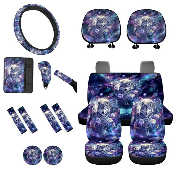 Tutolipy Galaxy Wolf Flower Printed 16 Pieces Car Seat Cover Full Sets, Soft Front Rear Seat Cover for Cars, Steering Wheel Cover Seat Belt Pads Car Armrest Cover Cup Coaster
