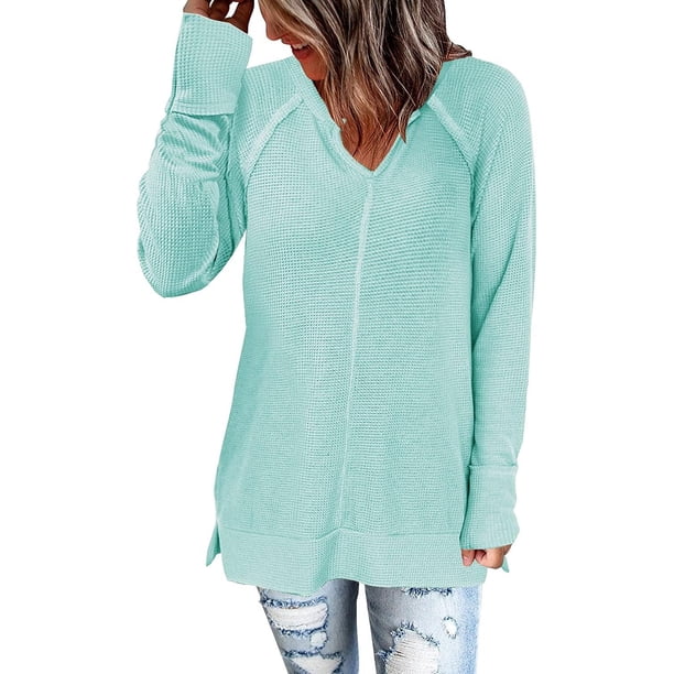 Blusas tipo túnica de punto gofre de manga larga para mujer, camisas casuales con cuello en V, suéteres holgados