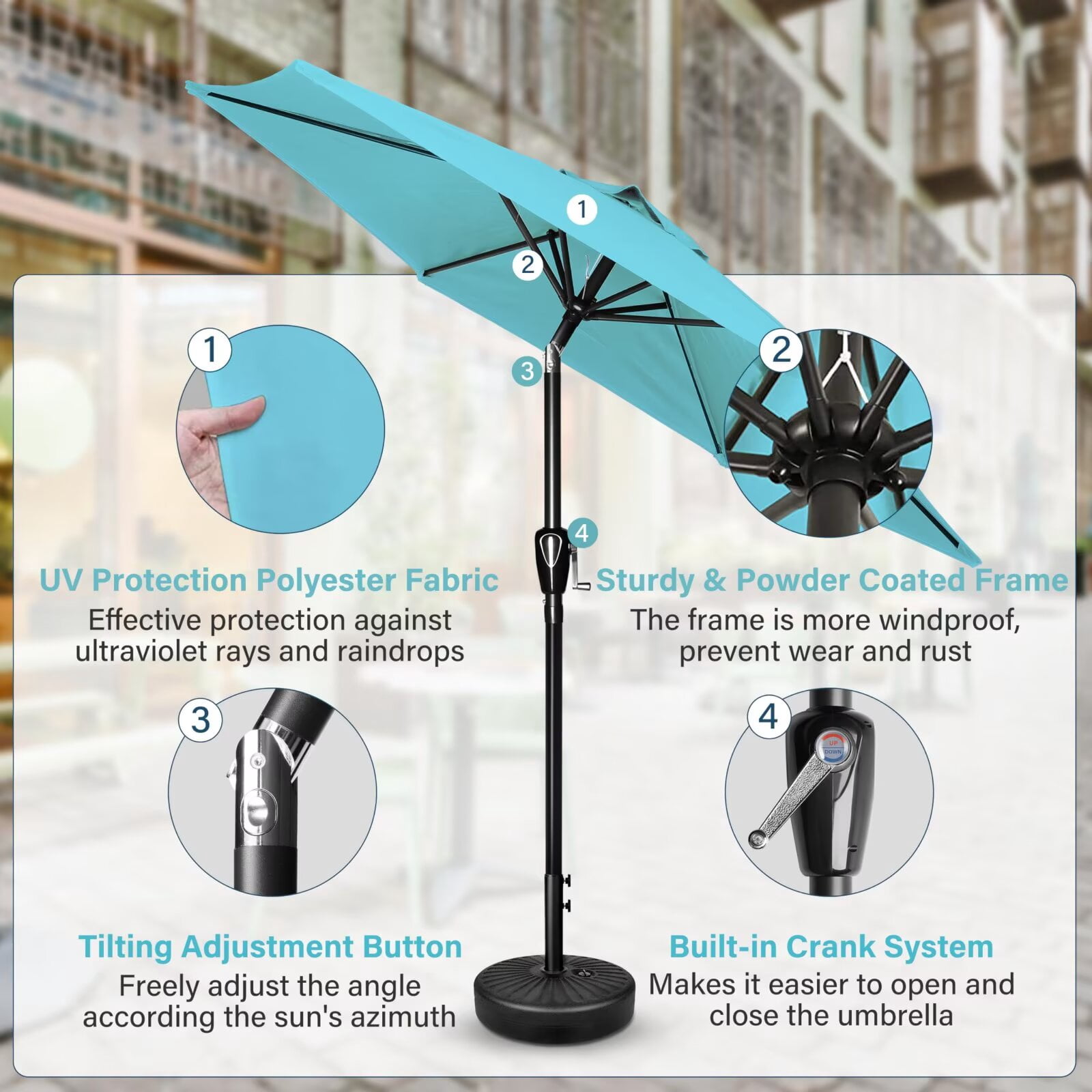 Simple Deluxe 7.5ft Patio Umbrella Outdoor Table Market Yard Umbrella with Push Button Tilt and Crank Lift, 6 Heavy-Duty Ribs for Patio, Garden and Deck Use, Turquoise