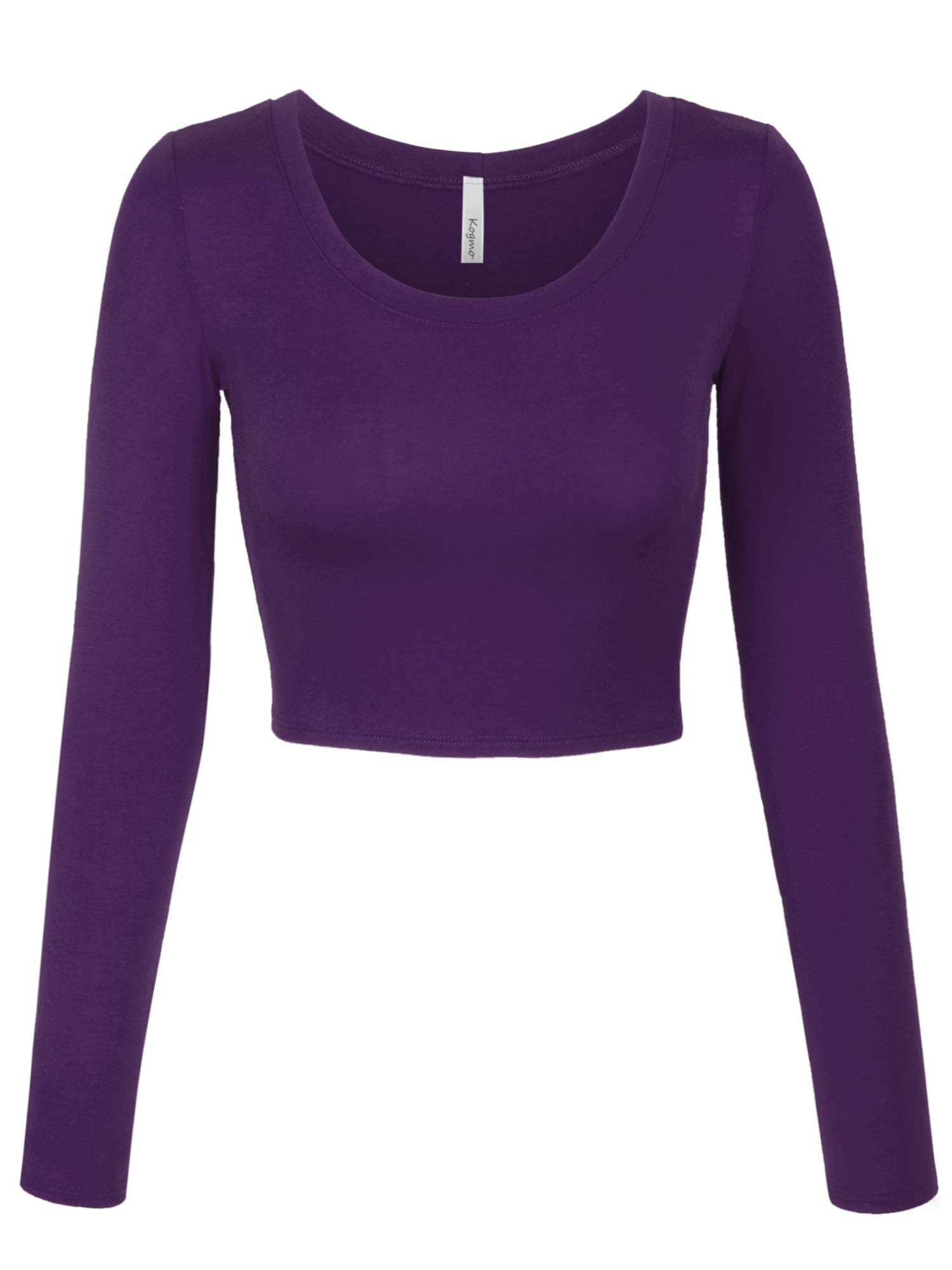 KOGMO Womens Long Sleeve Crop Top Solid Round Neck T Shirt