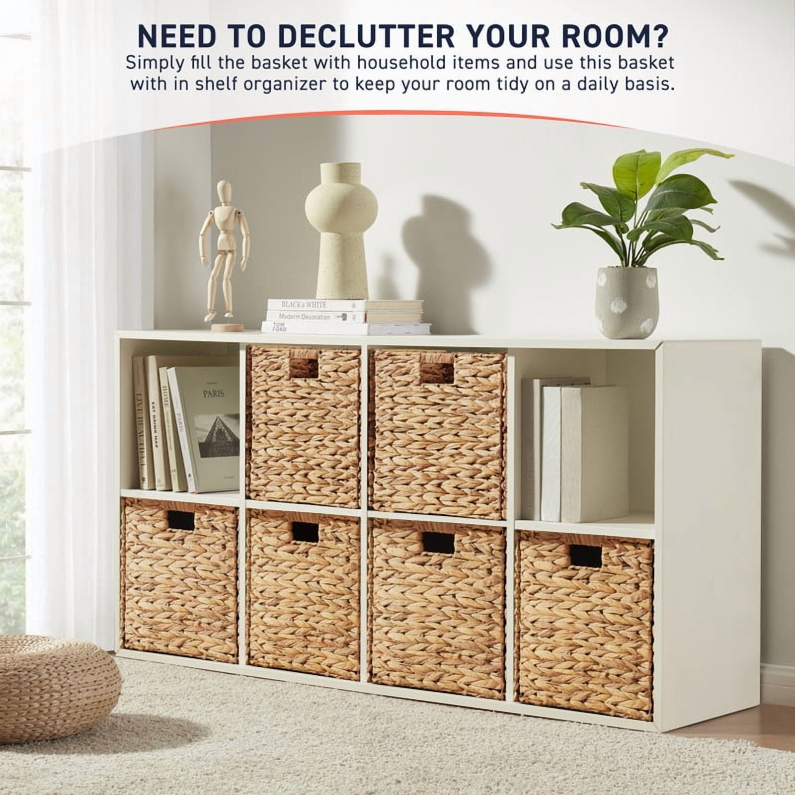 Ornavo Home 10.5 x 10.5 Inch Water Hyacinth Baskets Set of 6 – Handwoven Collapsible Wicker Storage Cube Bins with Handles for Bathroom, Bedroom, Laundry and Pantry - Natural