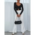 thumbnail image 6 of Arvbitana Women Knit Short Tops Solid Color V-Neck Buttons Long Sleeve T-Shirts Spring Fall Casual Slim Fit Shirts Cropped Pullover Streetwear, 6 of 7