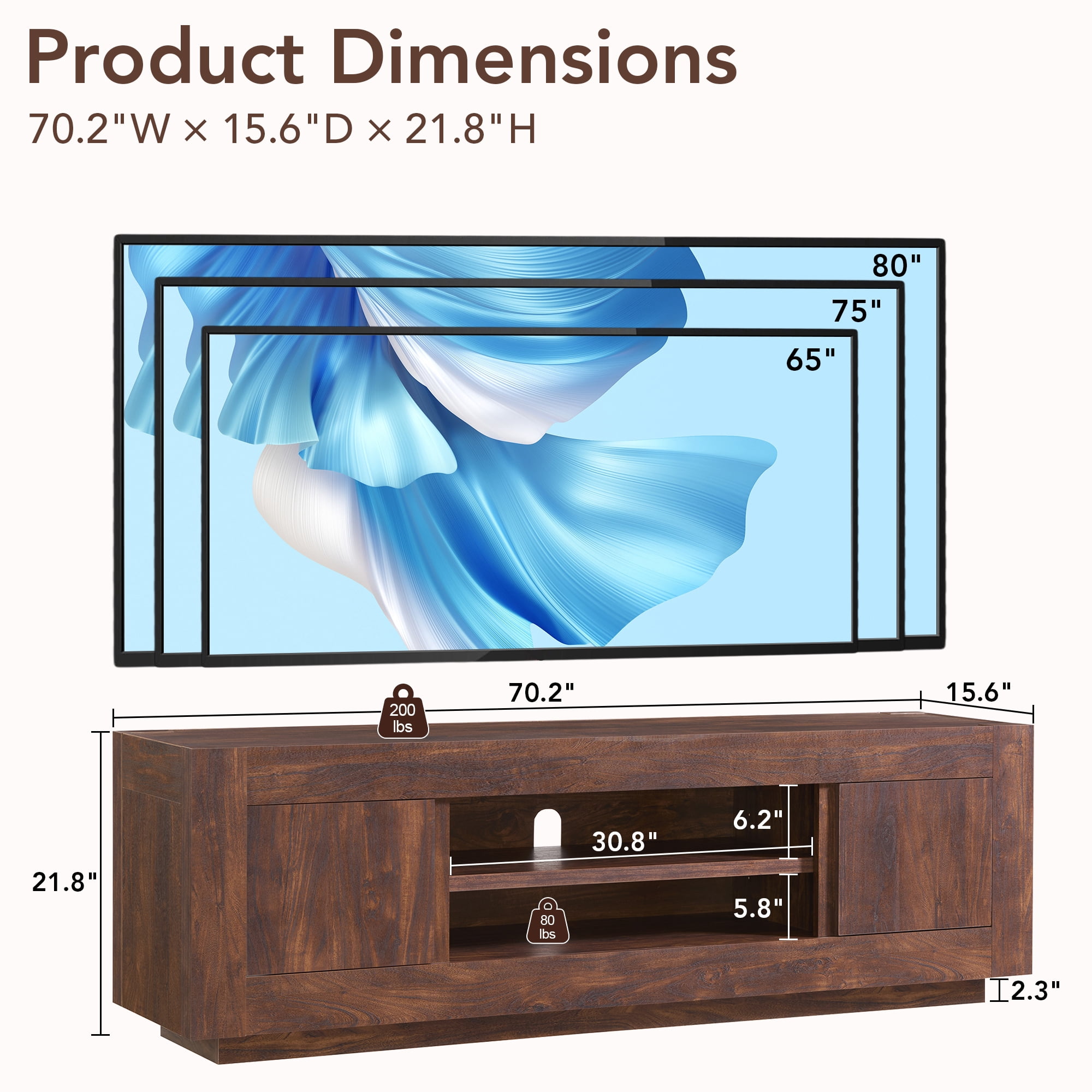KeyWhat 70" Modern Low Profile TV Stand for TVs up to 80", Open Storage & Adjustable Shelves
