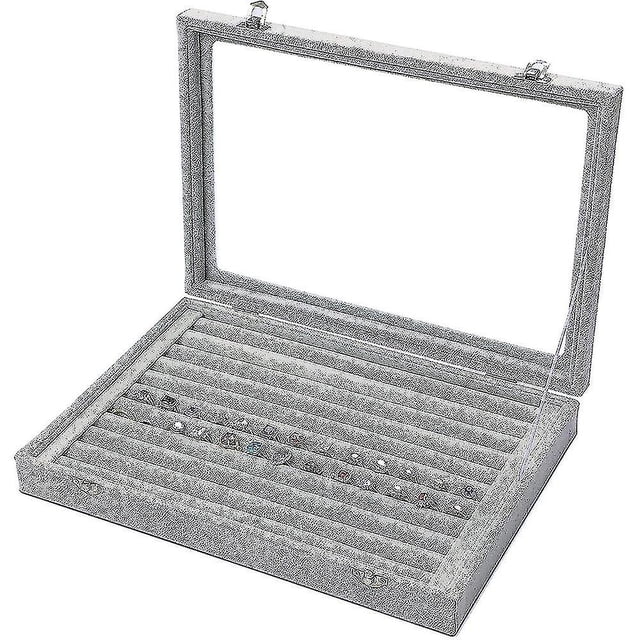 HOMEWE Caja de almacenamiento de anillos de terciopelo - Soporte para joyas con tapa de vidrio transparente que se sostiene hasta la bandeja de la caja de exhibición - Anillos, aretes, colgantes y