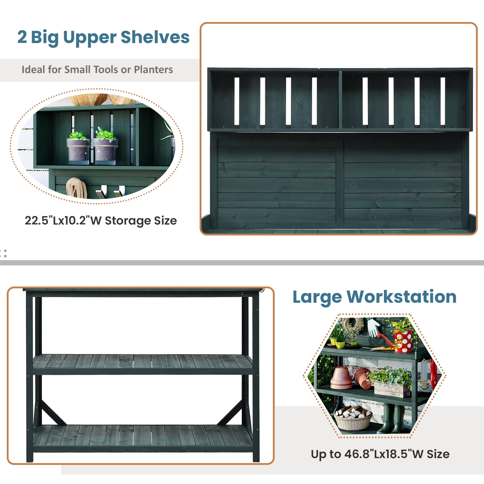 Euroco Garden Potting Bench with 4 Storage Shelves and Side Hook, 65" Large Wooden Farmhouse Rustic Outdoor Potting Bench Table, Patio Workstation,Forest Green