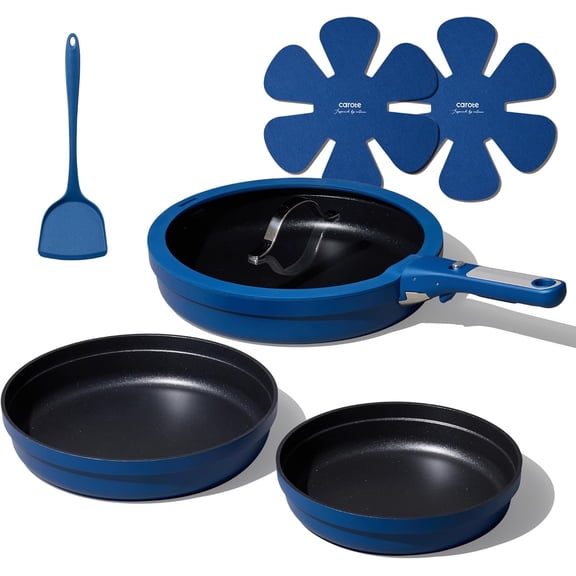 Carote 8 Pcs Nonstick Frying Pans Set, Nonstick Skillets with Detachable Handle & Lid, Oven Safe, Induction Cookware, Stackable Kitchen Set, Blue