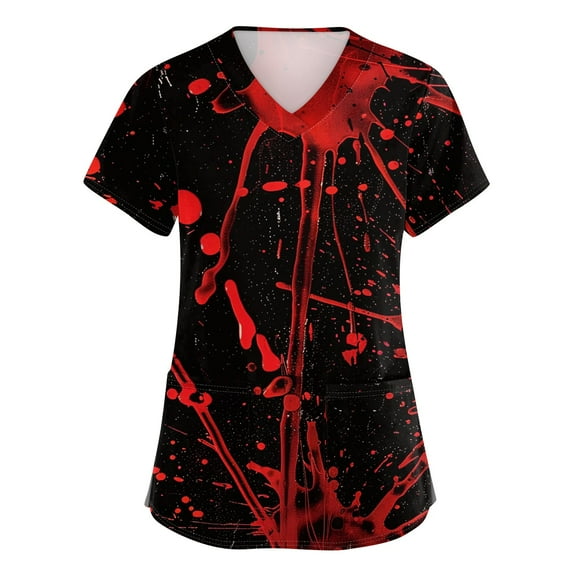 Drmagiyhm Halloween Scrub Tops Women Plus Size Halloween Shirt Funny Spooky Season Scrub Shirts V-Neck Short Sleeve Pumpkins Printed Fun Nurse Uniforms Hot Pink 4XL