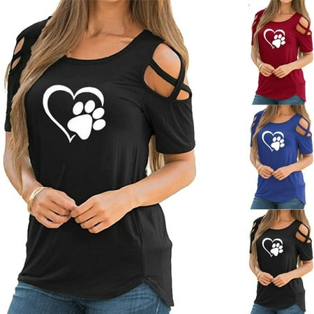 Heart Print Blouse Women's Fashion Casual Loose Cold Shoulder Tops and Blouses Basic T Shirts Cute Heart and Claw Printed ()