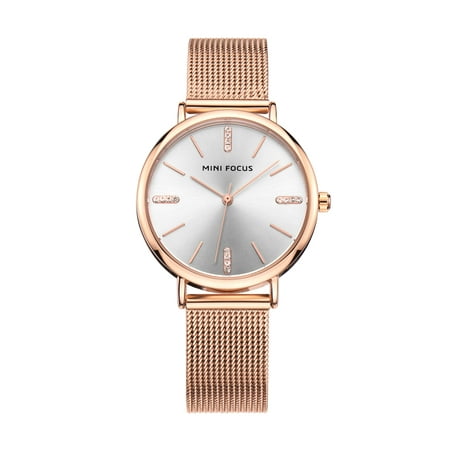 Womens Quartz Watch Rose Gold Steel Mesh Belt Crystal Table Mirror Time for Friends Lovers Best Holiday Gift