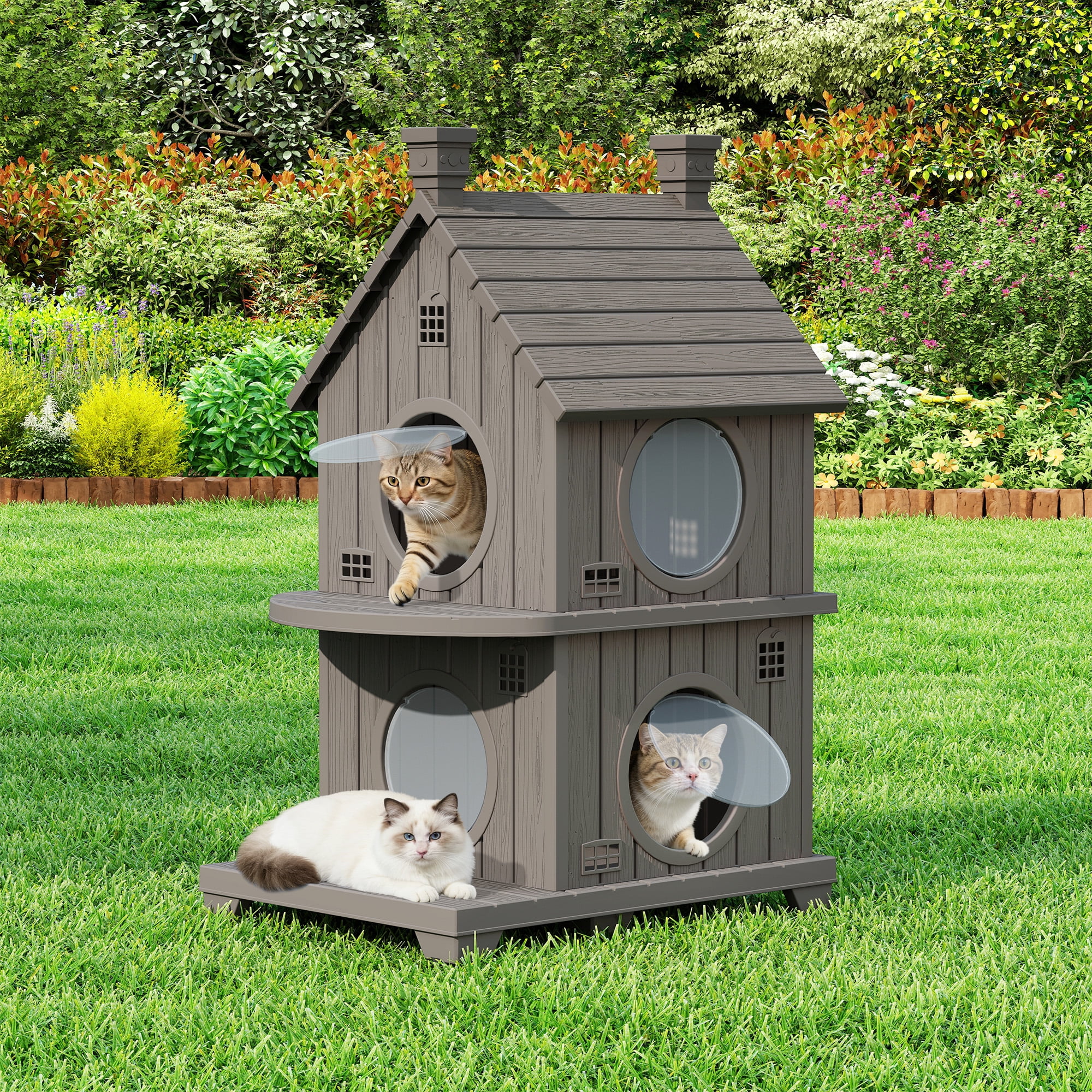 Bifanuo Outdoor Cat House,Weatherproof Resin Cat House,Multi-Layer,Villa-Style Outdoor Cat Shelter,Assemble Easily for Home & Yard,Gray
