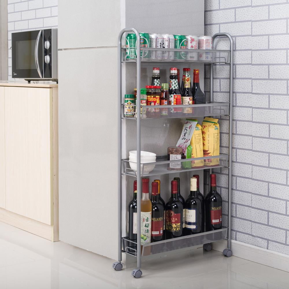 4Tier Rolling Cart Gap Kitchen Slim Slide Out Storage Tower Rack with Wheels,4 Baskets,Cupboard