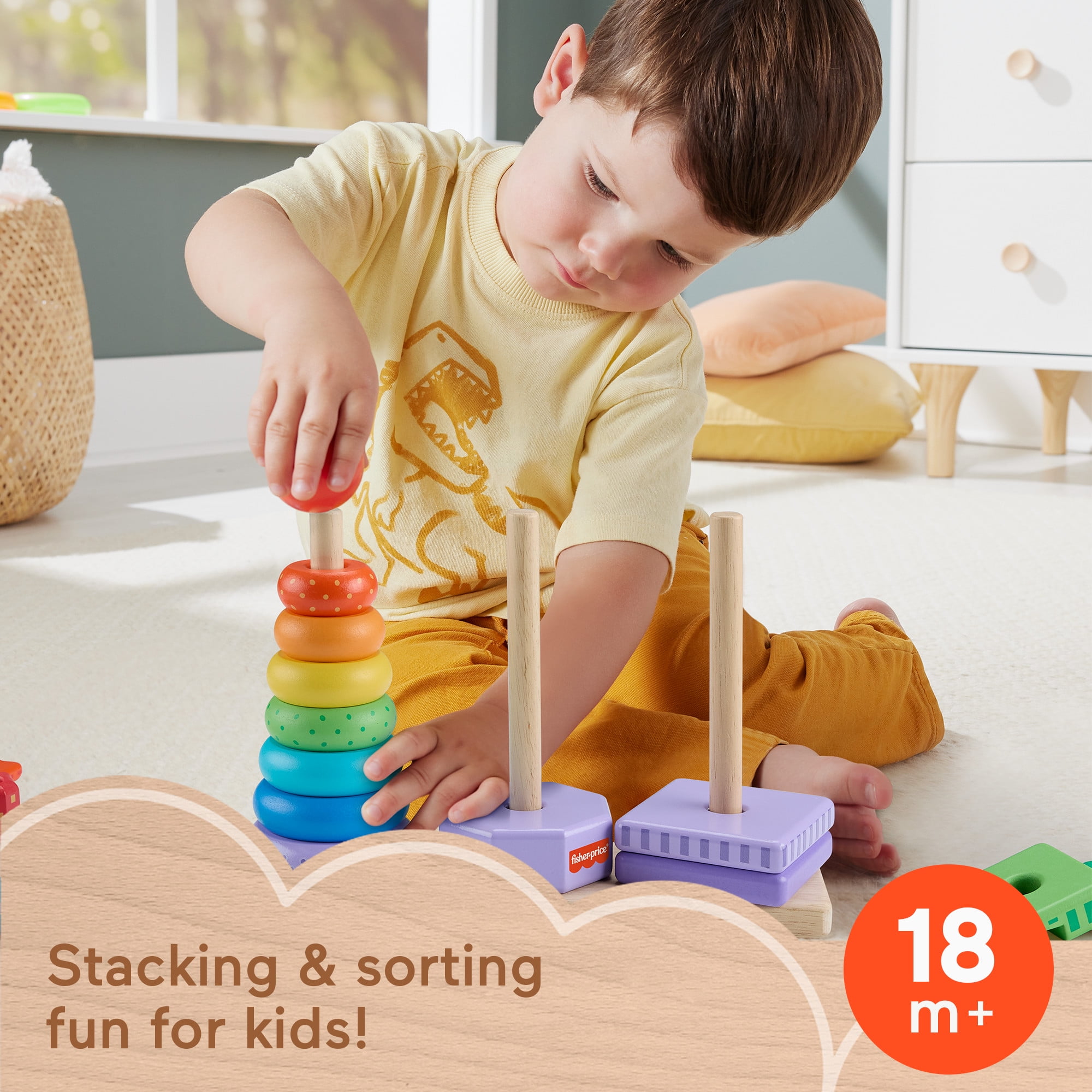 Fisher-Price Wooden Rainbow Stacking Shape Sorter, Fine Motor Toy for Toddlers, 26 Wood Pieces