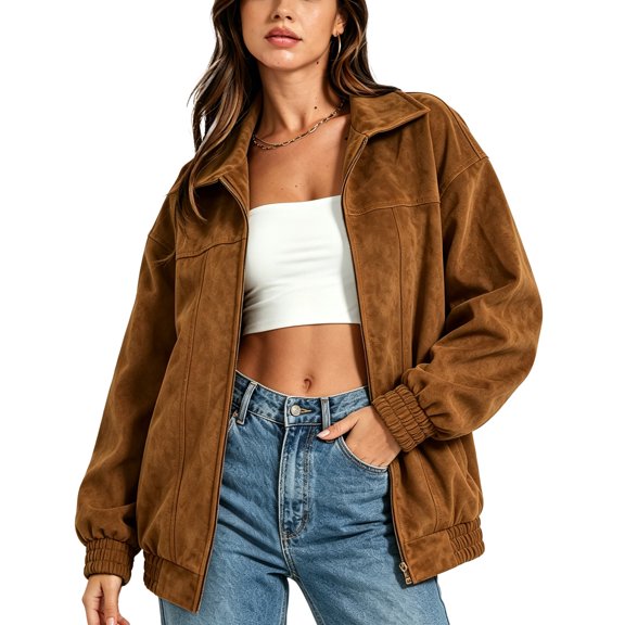 JUUNthy Women's Faux Suede Jacket, Long Sleeve Lapel Collar Zipper Loose Fashion Casual Outerwear Coat Coffee XL