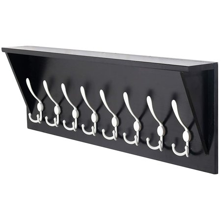 Stylish 35-inch Black Wall Mounted Coat Rack with Shelf 8 White Tri-Hooks