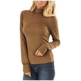 thumbnail image 2 of Jinhomg Plus Size Casual T-Shirt for Women Comfy Full Sleeve Mock Neck Pullover Dressy Casual Solid Tunic Tops Fall Lightweight Slim Fit Tee Shirts Brown M, 2 of 4