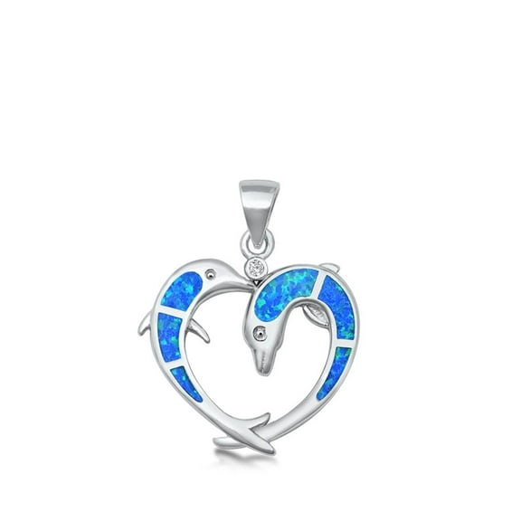 Sterling Silver Blue Simulated Opal Dolphin Pendant Promise Heart Love Charm 925 Jewelry Female