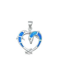 Sterling Silver Blue Simulated Opal Dolphin Pendant Promise Heart Love Charm 925 Jewelry Female