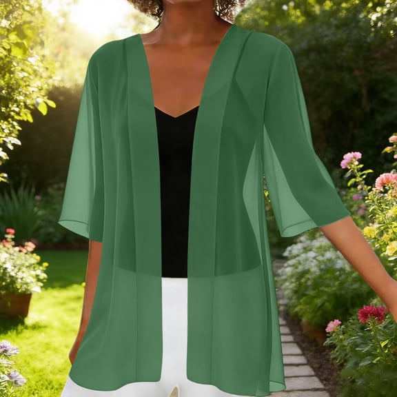 NTACZA Sheer Chiffon Lightweight Cardigans for Women Soft Solid Open Front Beachwear 3/4 Sleeve Relaxed Casual Size L
