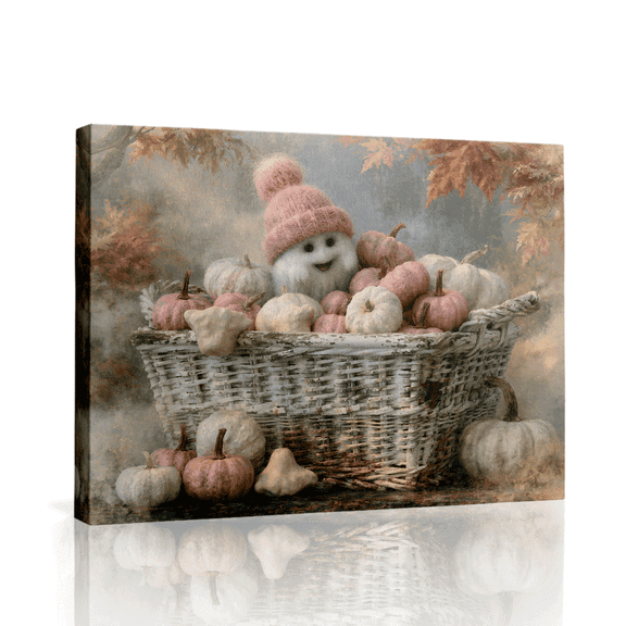 Topbout Art Cute Ghost Pink Pumpkin Pastel Halloween Canvas Wall Art Gallery Wrapped for Bedroom 12*8 inch