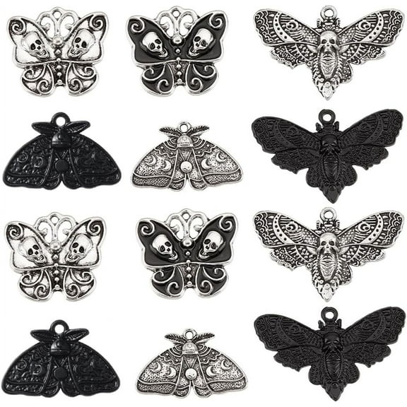 1 Box 24Pcs Moth Charms Gothic Style Silver Charms Black Moon Phase Moth Insect Charm Butterfly Head Charm for Jewelry Making Charms DIY Craft Supplies