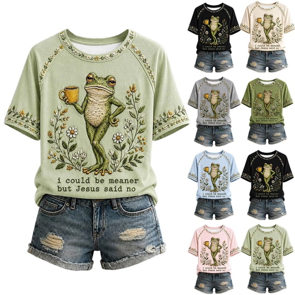 WGRFFH Women's I Could Be Meaner But Jesus Said No Funny Christian Frog T-Shirt Classic Christian Shirts,Religious Humor Top,Cute Frog Garden Graphic T-Shirt for Summer,Cottage Core Light Green S