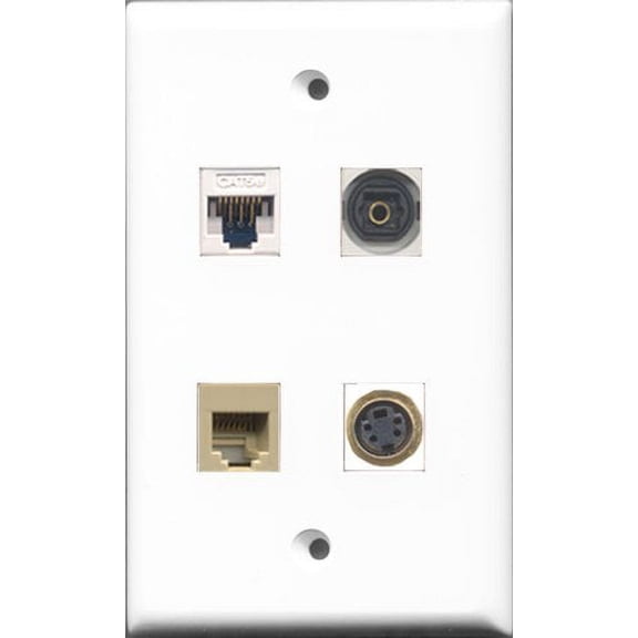 RiteAV 1 Port Phone RJ11 RJ12 Beige and 1 Port S-Video and 1 Port Toslink and 1 Port Cat5e Ethernet White Wall Plate