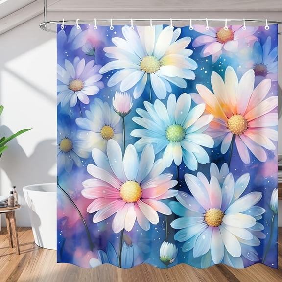 Spring Daisy Floral Shower Curtains, Waterproof Fabric, Washable Polyester Bath Curtain for Bathroom Decor with Hooks 36"W x 72"H