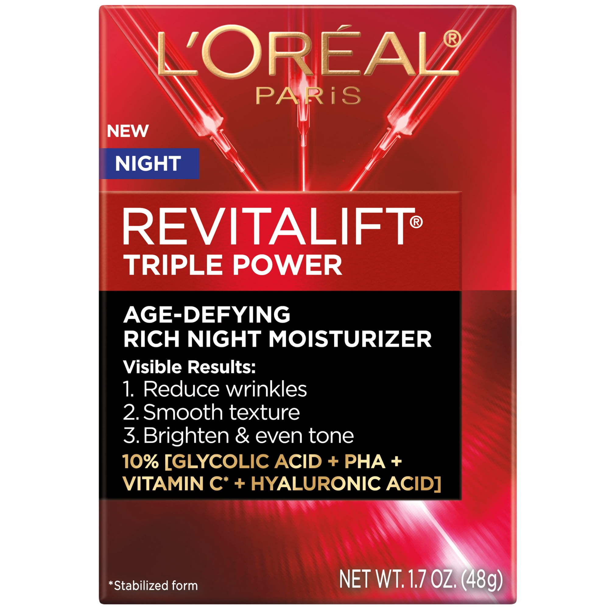 L'Oreal Paris Revitalift Triple Power Anti Aging Face Moisturizer Night Cream with Glycolic Acid, 1.7 oz