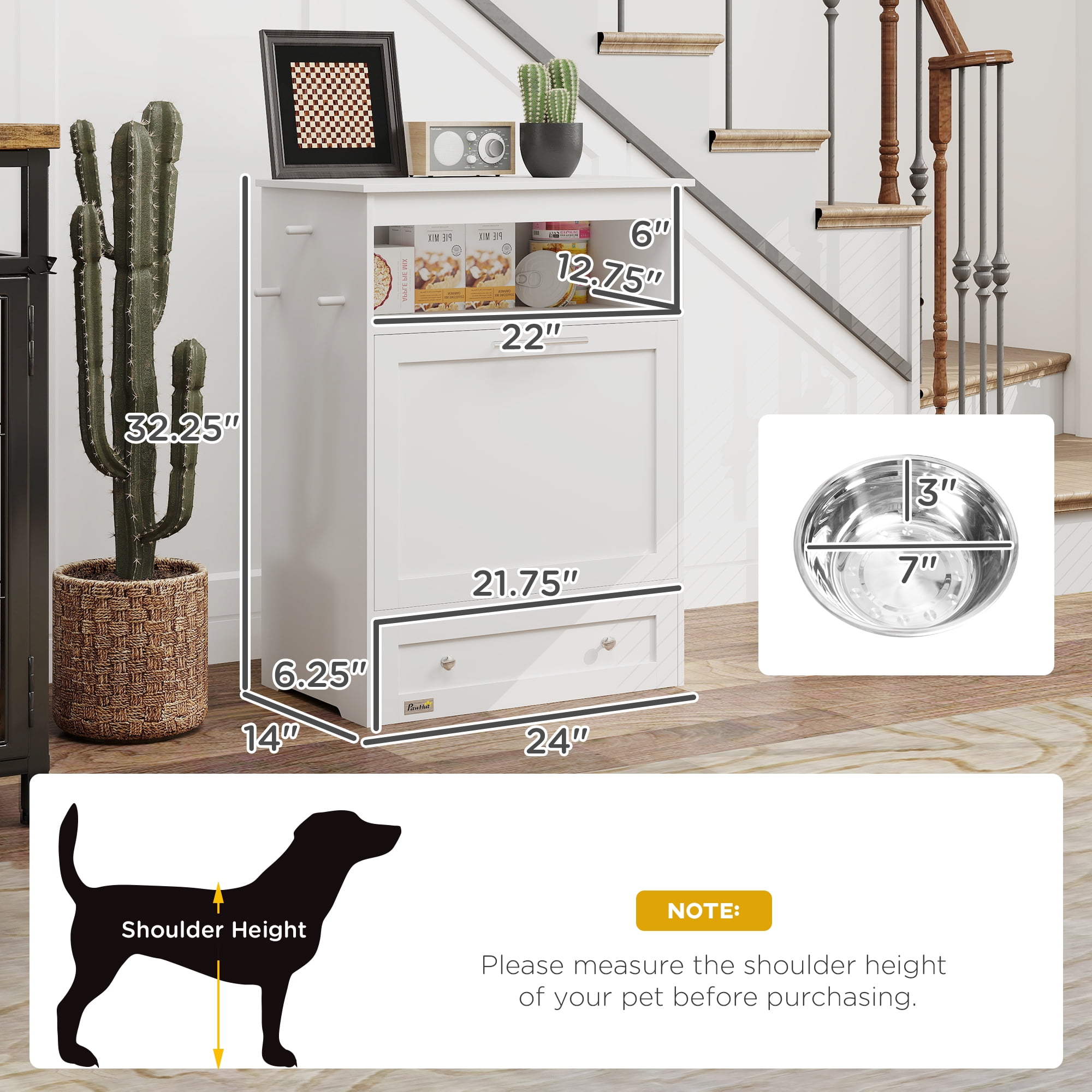 PawHut Pet Feeder Station Storage Cabinet, Dog Food Storage Container with Raised Dog  Bowls and Hanger for Feeding & Watering Supplies, White