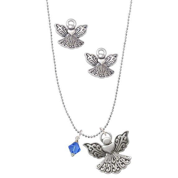Delight Jewelry September - Blue Crystal Bicone Silver tone Guardian Angel Charm Necklace and Stud Earrings