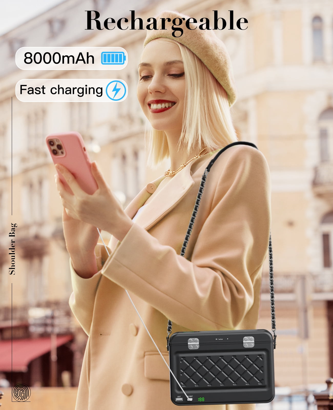 iDiskk MFi Certified 2-in-1 Security Lockable Crossbody Bag with Fingerprints Lock for Women, Shoulder Bag Anti-Theft with Fingerprint & Password Unlocking Built-in 8000mAh 1-Pack Black