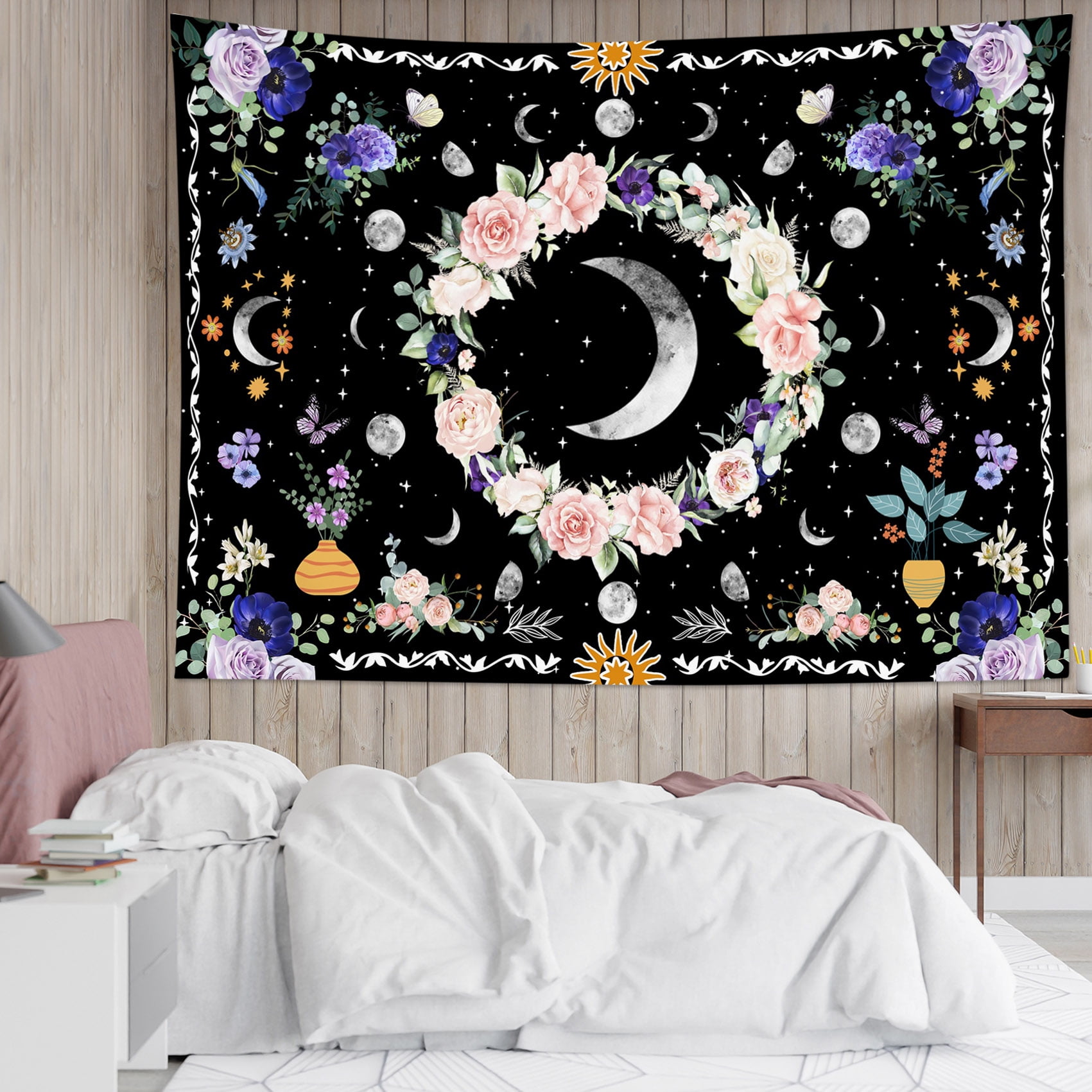 HVEST Pink Flower Tapestry Vintage Boho Style Colorful Floral Plant and