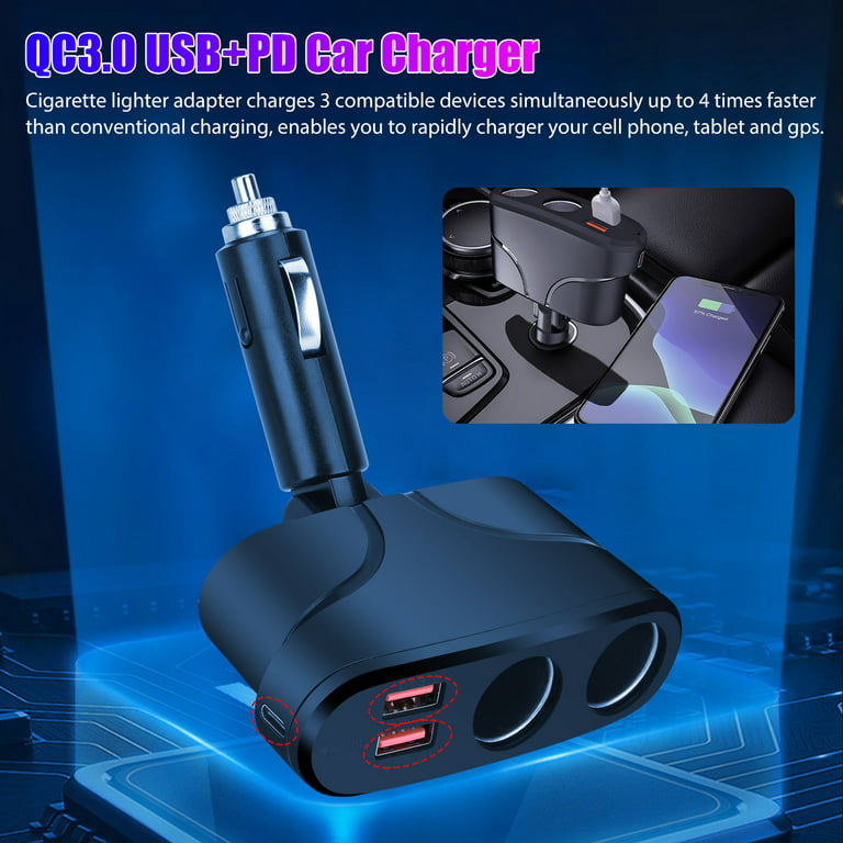 Car Charger Adapter, TSV DC 12V 2 Way Car Cigarette Lighter Socket Splitter USB Charger, 120W Dual USB Port Adapter Compatible with Phone GPS Dash Cam