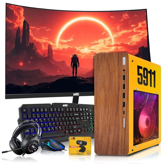 Restored HP Full Dark Gaming PC Desktop Computer 5911 AMD A10-9700, GT 1030, 16GB RAM, 512GB SSD, 24 Inch Curved Monitor, RGB KBM with AI Copilot, WiFi, RGB Headphone, Webcam, Windows 11