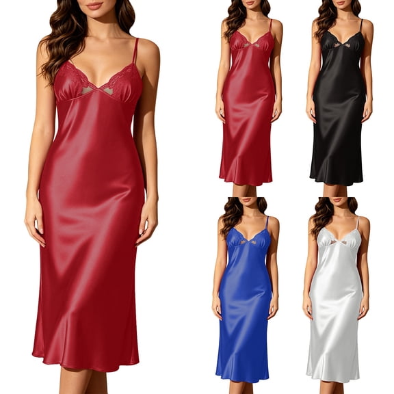 Women's Satin Long Slip Nightgown, JIANLAI Lace V Neck Spaghetti Strap Midi Sleep Dress, Solid Color Silky Night Dress for Daily Loungewear