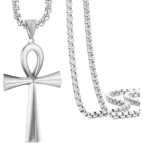 16 to 24 Inches Rolo Chain Ancient Ankh Cross Pendant Necklace for Men Women Boys Girls 316L Stainless Steel with Large And Medium Sizes