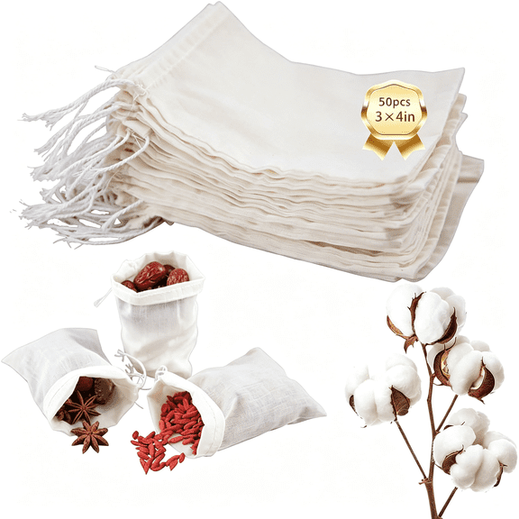 NORIZF 50Pcs Spice Bags for Cooking Soup,3X4 in Natural Muslin Drawstring Bag,Reusable Tea Bags for Loose Tea,Small Cheese Cloth Cotton Bag for Straining,Unbleached Cheesecloth Herb Sachet Bag