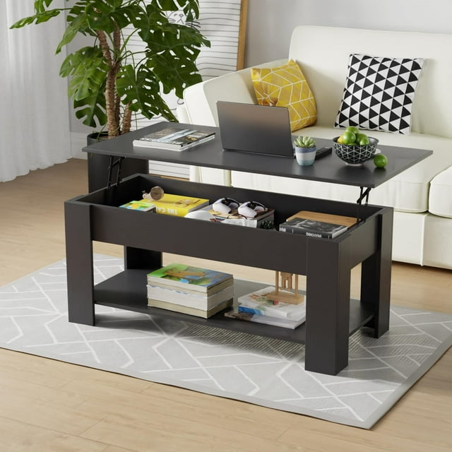 Table Table Basse Basse avec Plateau Relevable Table Basse avec Compartiment Caché et Étagère de Rangement pour Salon Salle de Réception 47,2 Pouces L, Noir