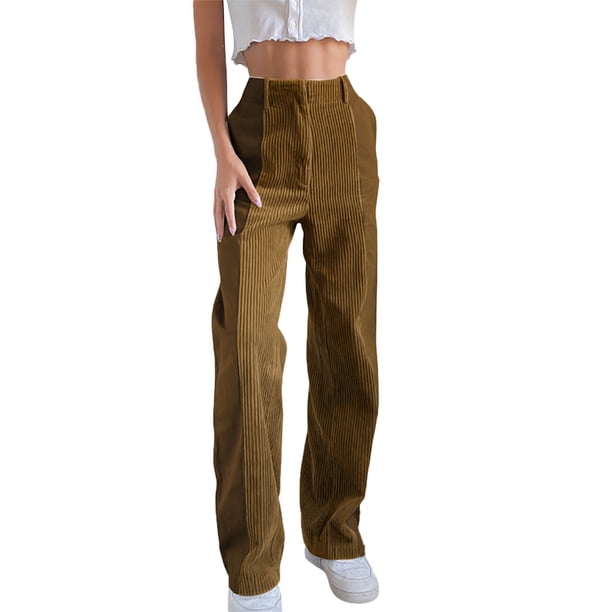 Gibobby Pantalones mujer frío Pantalones rectos de mujer Pantalones casuales sueltos Colorblock Pantalones de pana de color sólido(Caqui,G)
