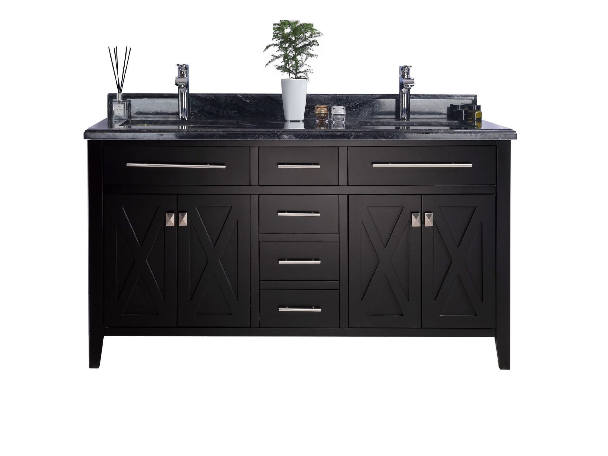 60-Inch Espresso Finish Cabinet Double Sink Bathroom Vanity With Black ...