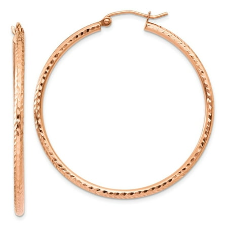 - 14k Rose Gold Polished Light Weight Large Diamond Cut Tube Hoop Earrings (1.6IN Long)