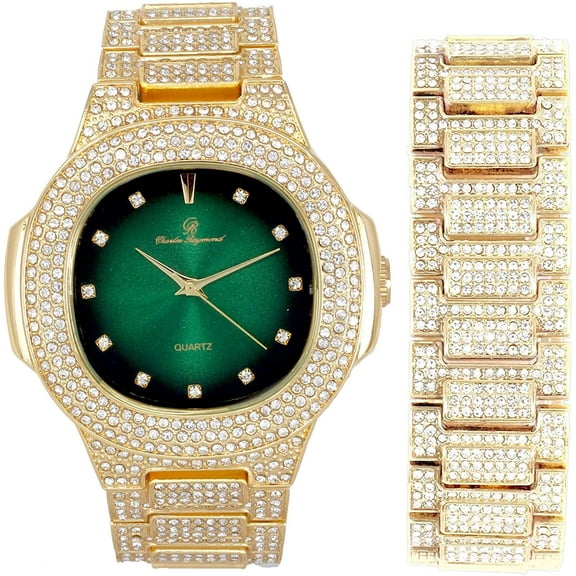Blinged Out Oblong Case Metal Mens Watch w/Matching Blinged Out Bracelet Set - ST10235 DX MB
