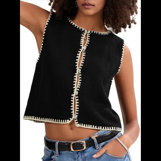 Suéter Sin Mangas para Mujer, Camiseta Sin Mangas con Botones, Cárdigan Corto de Punto para y Verano 2025 Negro M