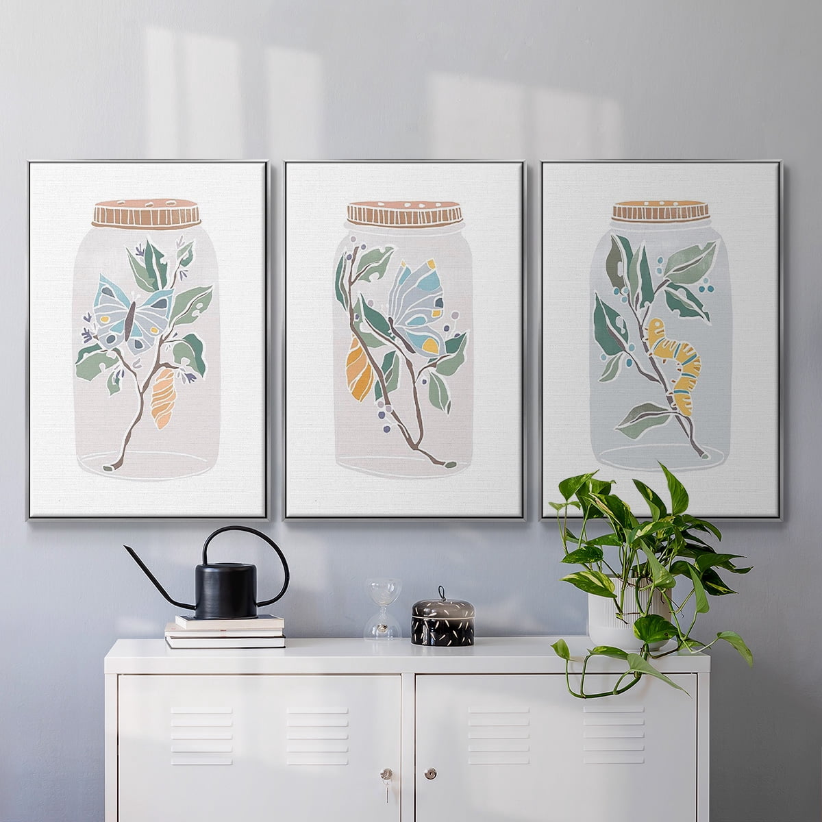 Nature Jar I - Framed Premium Gallery Wrapped Canvas L Frame 3 Piece Set - Ready to Hang