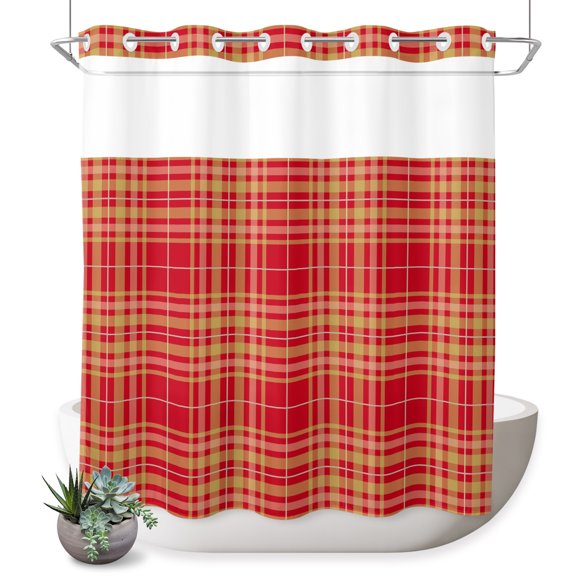 No Hook Shower Curtain, Buffalo Plaid Shower Curtains for Bathroom with See Through Top Window, Amber Orange Farmhouse Gingham Striped Waterproof & Washable Bath Curtain Standard 72"x72"