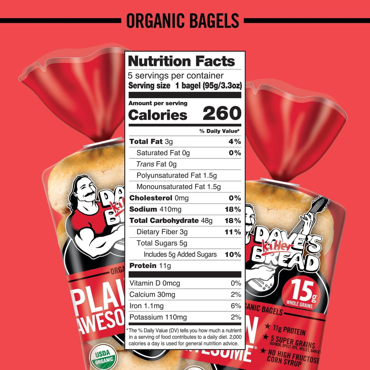 Dave's Killer Bread Plain Awesome Bagels, Organic Bagels, 15g Whole Grains per Bagel, 5 Count