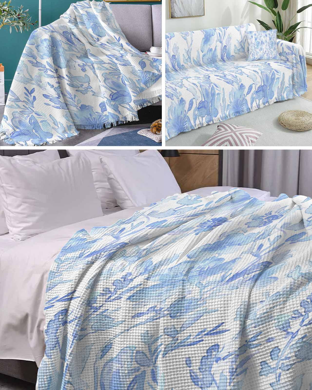 Blue Botanical Sofa Couch Covers for Dog,Washable Sofa Throw Cover Single Slipcoverfor Armchair with Tassels,Retro Ink Floral Flower Modern Minimalist Couch Protector Towel Blanket Medium 71x91