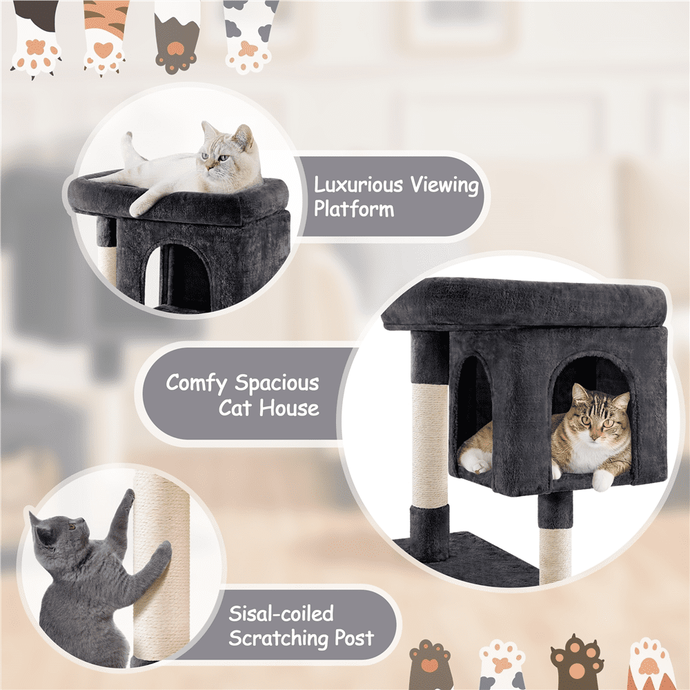 Alden Design 33.5"H Multilevel Plush Cat Tree with Scratching Posts Basket, Black